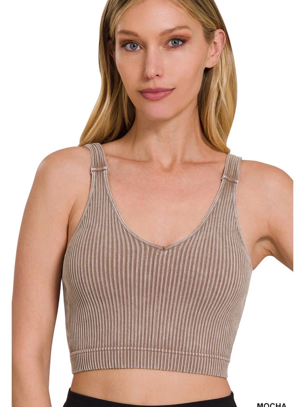 Zenana washed ribbed cropped seamless padded bra tank top MOCHA